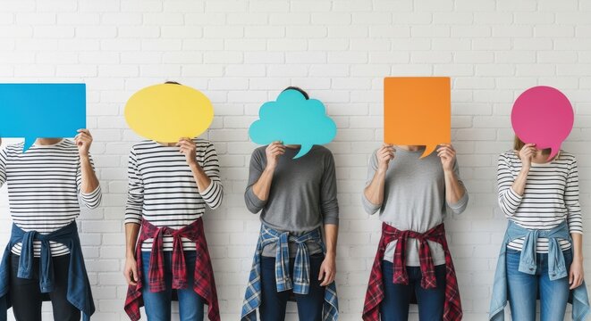 Five young people stand in a row holding colorful speech bubbles in front of their faces against a white brick wall.