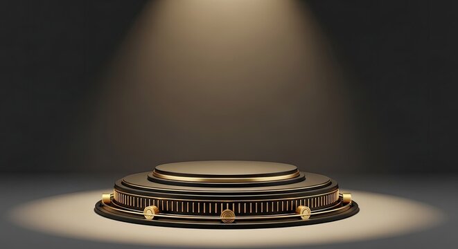 Golden pedestal illuminated by a spotlight in a dark dramatic setting