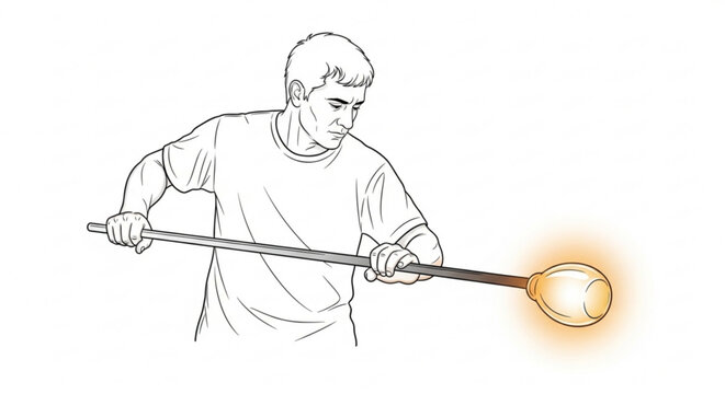 Glassblower shaping molten glass with a blowpipe glassblowing craftsman blowpipe creating manufacturing industry workshop precision material transparent decoration sculpture technique