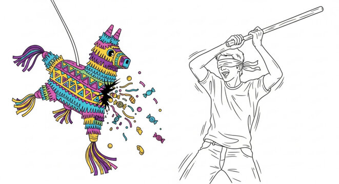 Birthday party pinata game with blindfolded person swinging stick birthday celebration tradition childhood colorful swinging blindfold teenager activity festival excitement surprise