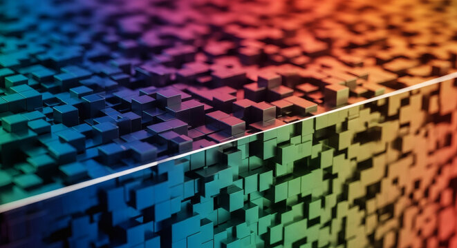 A captivating abstract concept of digital blocks transforming into a vibrant, multi-dimensional spectrum, showcasing complex geometric texture and a dynamic color gradient across a unique surface