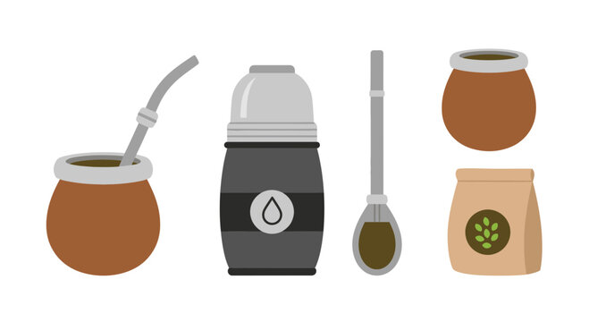 Yerba Mate Set Flat Lay with Gourd, Bombilla, Thermos, and Bag of Leaves