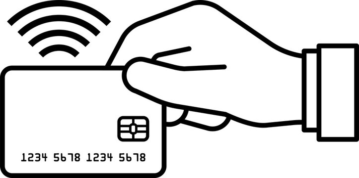 Line drawing tap to pay concept vector icon featuring a hand in a tapping gesture with a payment card. Tap to pay stroke outline icon transparent PNG.