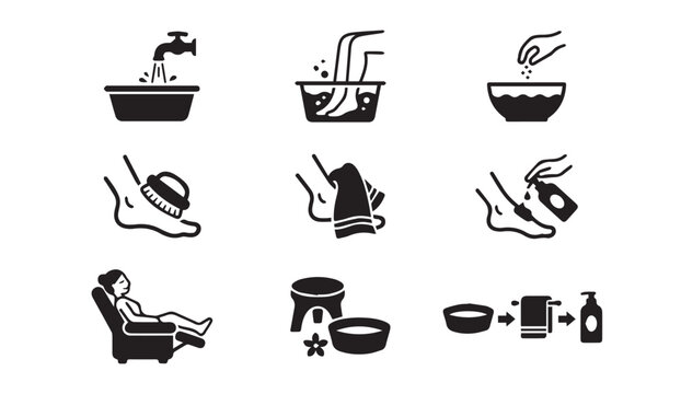 Foot spa and pedicure treatment procedures and accessories icon set