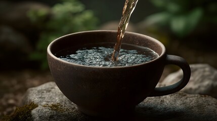 Naklejka premium Fresh water pours into a dark ceramic cup resting on mossy stones set against a moody natural background