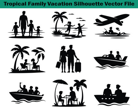 Tropical family vacation silhouette vector file with people and palm trees  various travel activities