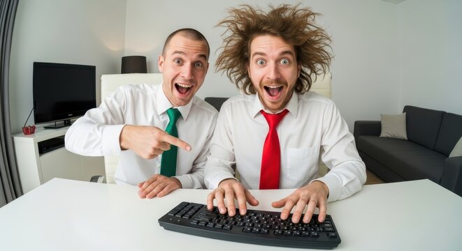 Two excited office workers react with shock while looking at a computer monitor.