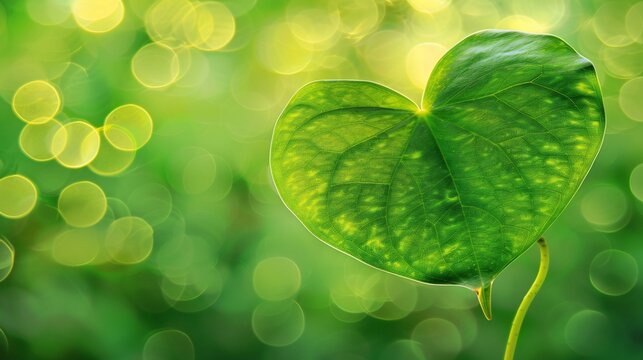 A heart-shaped green leaf is backlit, set against a blurred background of vibrant green bokeh