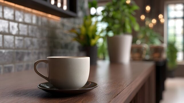 Ceramic coffee mug resting on a wooden counter set within the warm modern ambiance of a plant filled cafu00e9