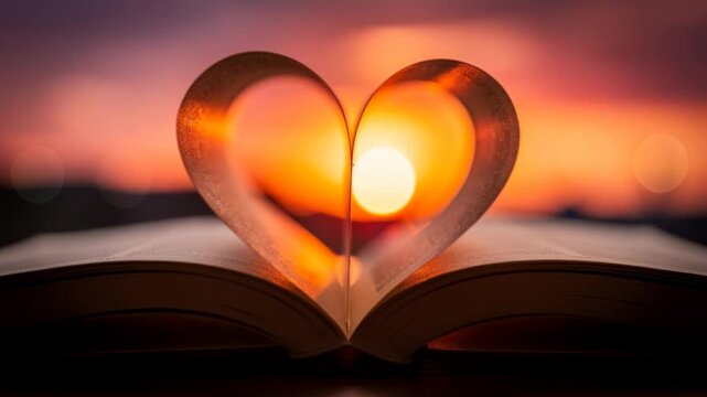 Close up of an open book with pages folded into a heart shape glowing warm light