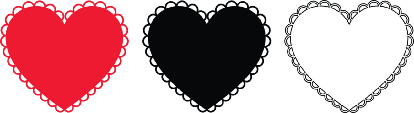Set of three heart shapes with scalloped edges in red, black, and outline on white background