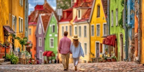 Obraz premium Romantic Couple Exploring Colorful Old Town Street | European Travel Lifestyle
