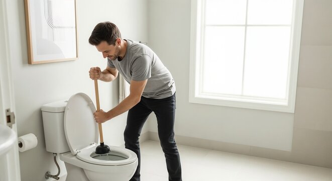 Man using plunger on toilet in modern bathroom for plumbing repair. Cleaning scene in bright space features action with toilet tool, creating a solution-oriented atmosphere for home maintenance.