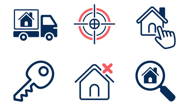 Real estate icons: moving truck target hand selecting house key delete house magnifying glass with property