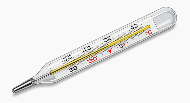 A close-up shot of a clinical thermometer resting horizontally in white background.