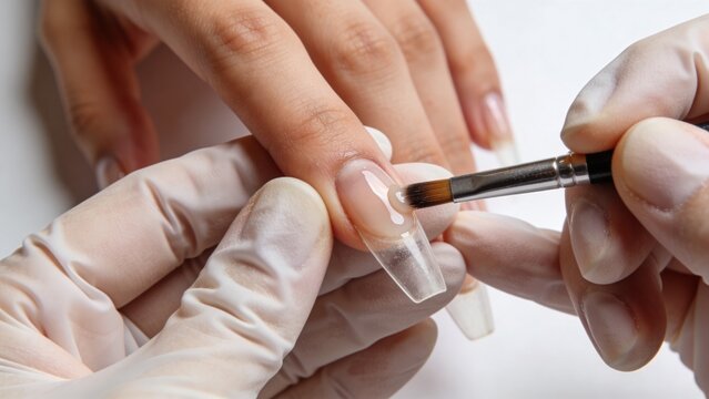 Applying UV Gel on Nail Extension Form &ndash; Macro Detail of Professional Manicure Process, Protective Gloves, Nail Technician Workflow, Clean Beauty Studio Concept