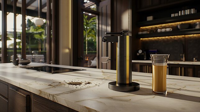 A luxury kitchen interior with a modern beverage dispenser and a marble countertop