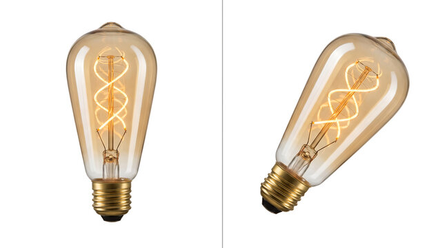 Vintage Edison LED light bulbs with spiral filament on white background. Set of warm glowing decorative lamps for interior design, industrial decor, and creative business ideas.