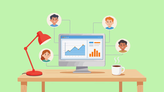 Office desk with computer and people avatars