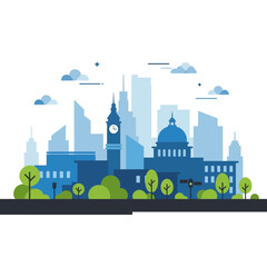 Fototapeta premium Modern Cityscape with Clock Tower and Dome, Blue Tones, Flat Design