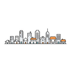 Naklejka premium Modern minimalist cityscape illustration with colorful roofs and simple line art buildings.
