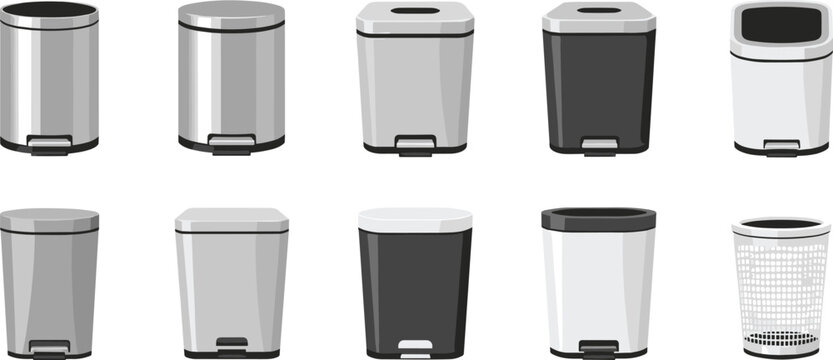 Vector Illustration Set of Various Trash Cans and Waste Bins Including Stainless Steel Pedal Bins and Plastic Garbage Cans Isolated on White