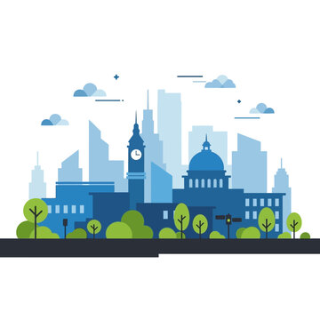 Modern Cityscape with Clock Tower and Dome, Blue Tones, Flat Design