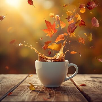 Dreamy Fall Scene with Coffee Splash and Floating Leaves