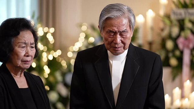 Elderly couple mourning with grief and sorrow, solemn atmosphere with candles and funeral flowers, expressing loss and remembrance