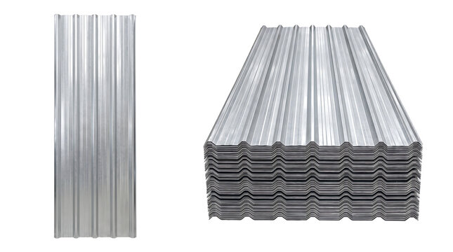 Stacked Corrugated Steel Roofing Sheets Isolated on White Background, Galvanized Metal Ribbed Panels for Industrial Construction and Building Projects