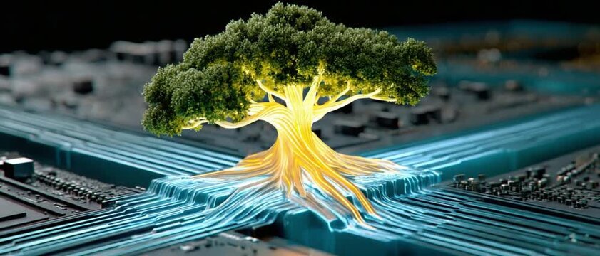 Digital Ecosystem: A striking visual of a tree flourishing on a circuit board, symbolizing the convergence of technology and nature. Showcasing the synergy of the digital realm and the natural world.
