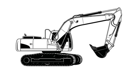 Black and white vector illustration of a heavy excavator on a white backdrop © irul