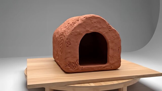 Handmade Terracotta Dog House on Wooden Display Stand.