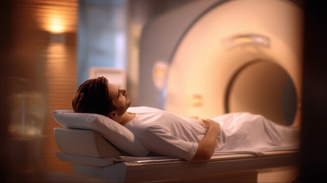 Patient lies on a table while undergoing an MRI scan in a hospital at nighttime for medical examination