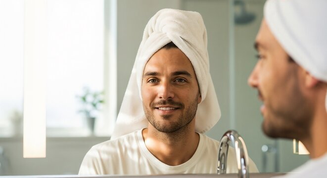 Man smiling in mirror with towel on head, reflecting relaxed emotions and positive self-image. Man in bathroom with towel wrapped hair, enjoying morning routine and self-care.