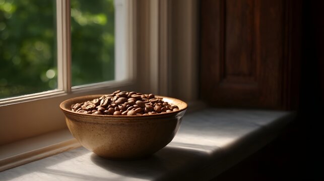A ceramic bowl filled with roasted coffee beans rests on a window sill illuminated by warm natural daylight
