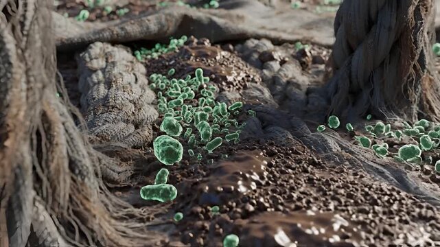 Microscopic view of bacteria and organic matter in soil.