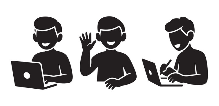 Set of Freelancer Working on Laptop, Waving Hand and Taking Notes Silhouette Vector