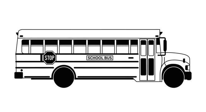 School bus illustration black and white depiction for education concepts