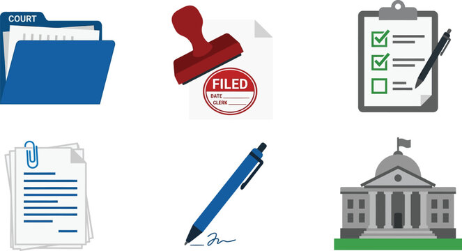 Legal documents and courtroom symbols are displayed in this collection of professional office icons.
