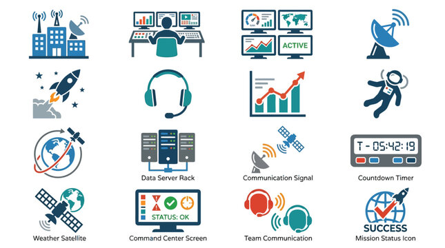 Mission control icons illustrate the technical infrastructure required for complex aerospace operations and monitoring.
