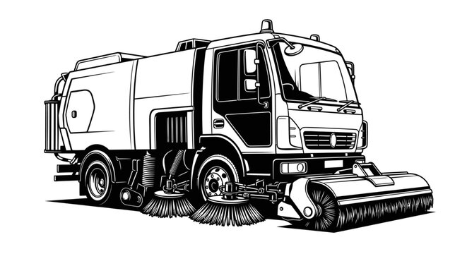 Street sweeper truck illustration black and white vector graphic design