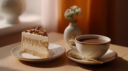 Fototapeta premium A delightful pairing of a slice of cake and a hot beverage set on a rustic table in soft warm natural lighting