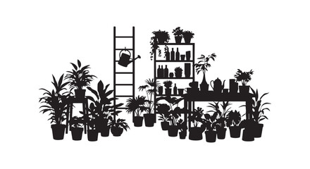 Obraz premium Collection of black plant silhouettes in pots on ladder and table for interior design projects isolated on white.