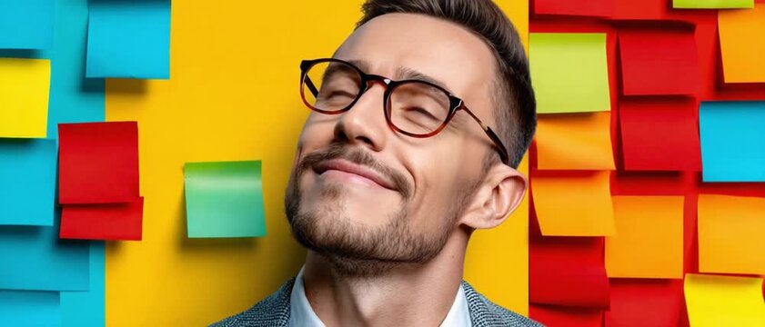 Content Thoughtfulness: A man basks in contentment, his face alight with joy as he enjoys the pleasure of life. He's surrounded by a mosaic of colorful sticky notes.