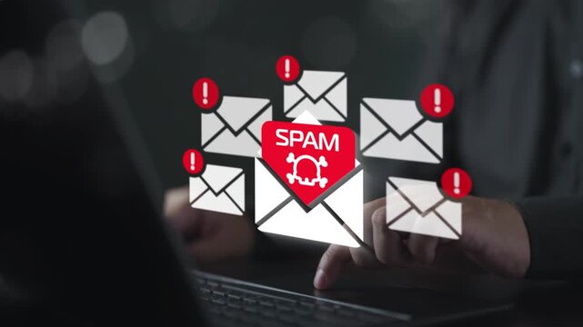 Cybersecurity analyst working on laptop to filter spam email and phishing threats. Concept of IT security, digital fraud prevention, malware protection, and network data privacy security.