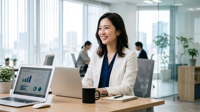 Cheerful Young Japanese Businesswoman Smiling and Working on Laptop in Bright Modern Office
