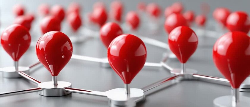 Network of Red Pins: An intricate network of vibrant red pins, interconnected and meticulously arranged, suggesting connections and destinations within a strategic design.