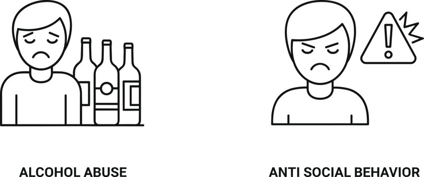 Minimalist vector illustration showing alcohol abuse with bottles and antisocial behavior warning sign, concept icons for addiction, social issues, prevention