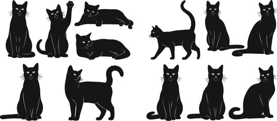 Silhouette cats sitting, standing, walking, lying, raising paw, feline behavior concept, pet care, animal lifestyle vector illustration, black white artwork design © ABU